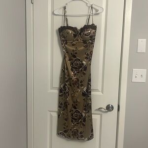 Green & Brown Corset Top Midi Dress, Size Small